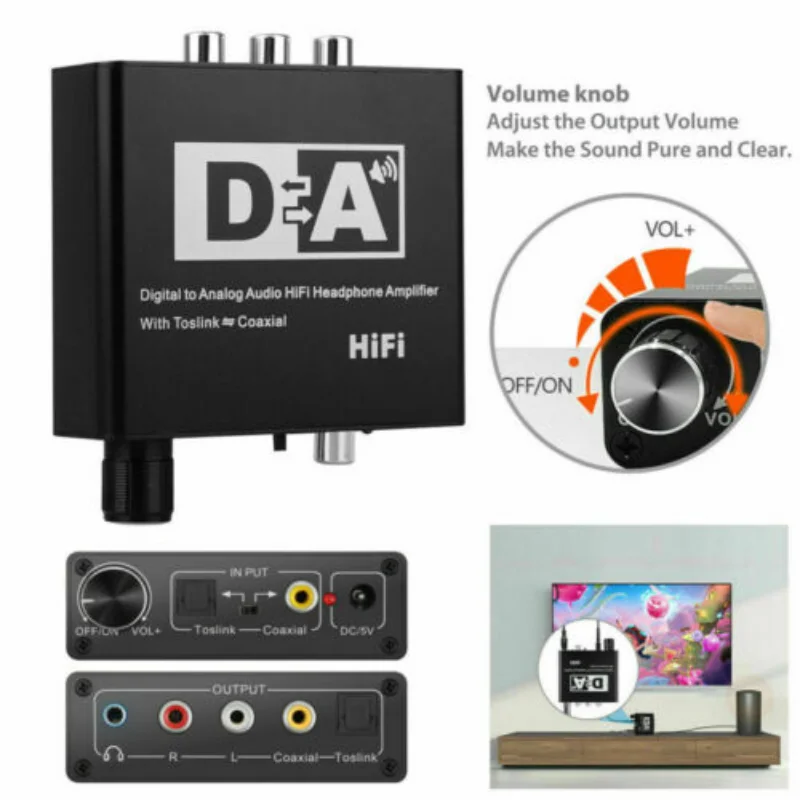 

Hifi DAC Digital To Analog Audio Converter with Volume Control Spdif to R/L RCA 3.5mm Jack Toslink Optical Coaxial Input Output