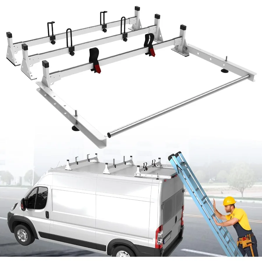 

57 Heavy Duty Steel Van Roof Rack with Rear Cargo Roller and 3 Bars for 20132023 Ram Promaster White Finish Designed for HighLo