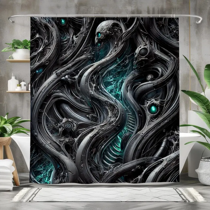 

Занавеска для душа в стиле киберпанк — футуристический научно-фантастический декор, дизайн Dark Tech Alien, водонепроницаемая ткань, готическая промышленная эстетика