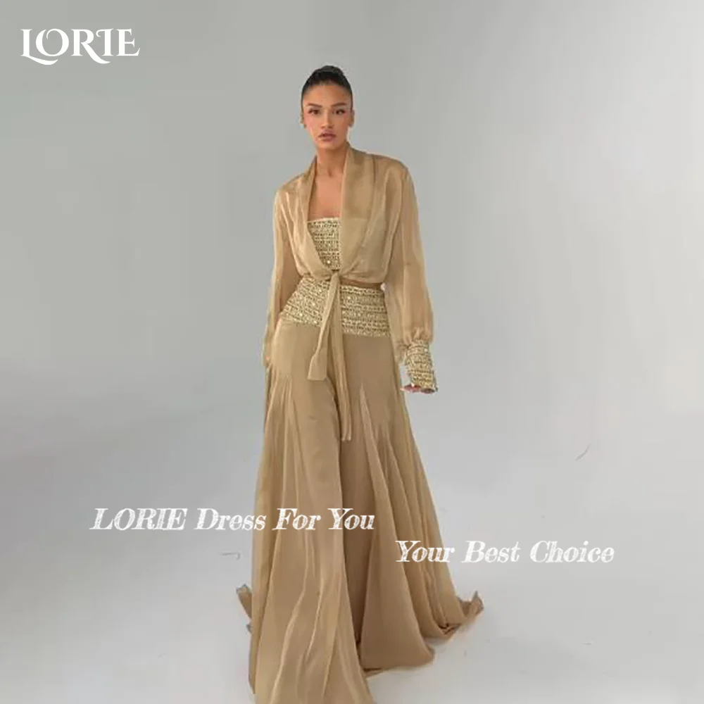 LORIE Long Sleeves Lace Gold Party Gowns A-Line Shiny Formal Dresses Customized Tulle Evening Dresses Muslim Party Prom Dresss - view 3