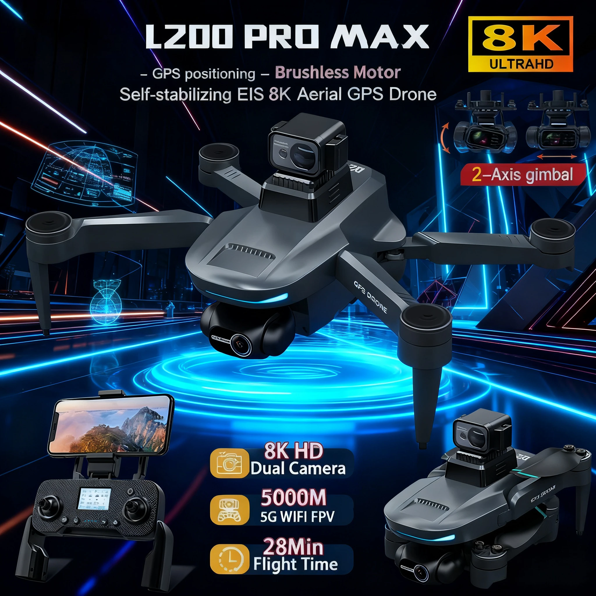 

New L200 Pro MAX Drone Professional 8K HD Camera With Obstacle Avoidance 2-Axis Gimbal GPS 5G WIFI FPV RC Dron Quadcopter 5KM