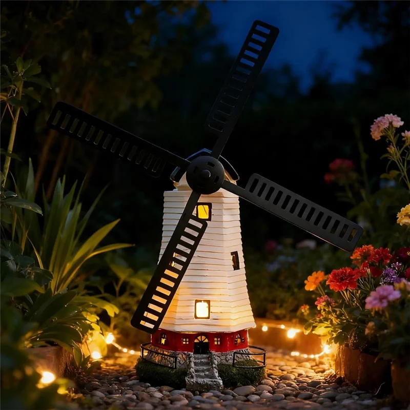 B84B-Outdoor Decorative Solar Light House LED Wind Mill Figurine For Garden Yard Solar Powered Lighted Windmill Statue