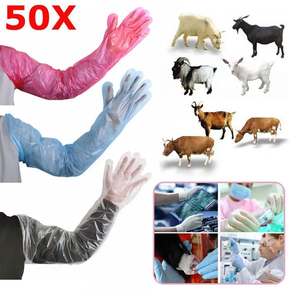 50PCS Disposable Long Arm Glove Plastic Film Farm Cattle Sheep Glove Vet Plastic Glove Veterinary Supplies