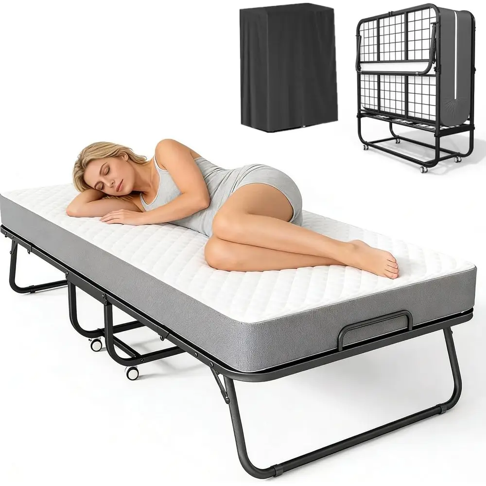 75 x 31 Folding Bed with Memory Foam Mattress, Portable Rollaway, Space-Saving Metal Frame, Easy Storage