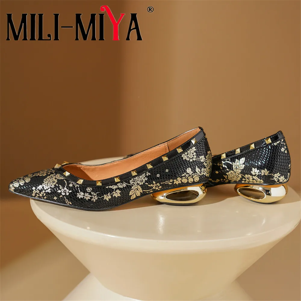 MILI-MIYA Women's Painted Full Genuine Leather Pumps Strange Thick-Heeled Pointed-Toe Riveted Plus Size 34-43 Casual Shoes