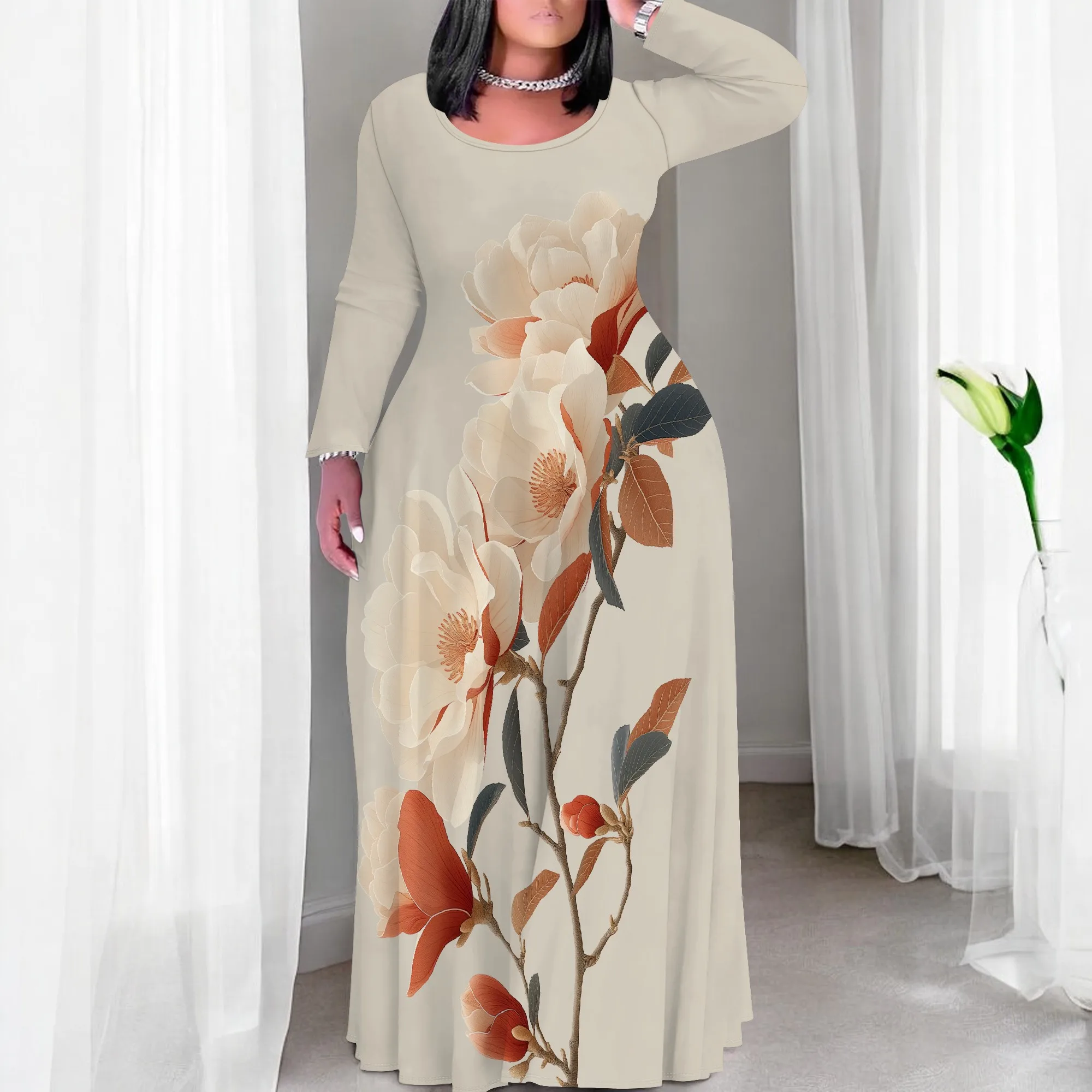 

Nupusa Beige Orange Floral Print Dress for Women Plus Size Summer Casual Round Neck Long Sleeve Maxi Dress