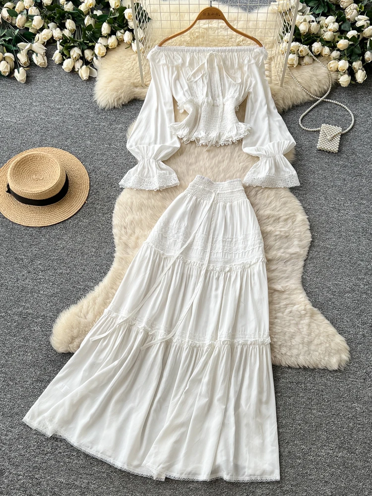 Beach Vacation Style Lace Crop Top And Skirt Set Women's Slimming White Enhancing One-Shoulder Waist-Cinching Two-Piece Set