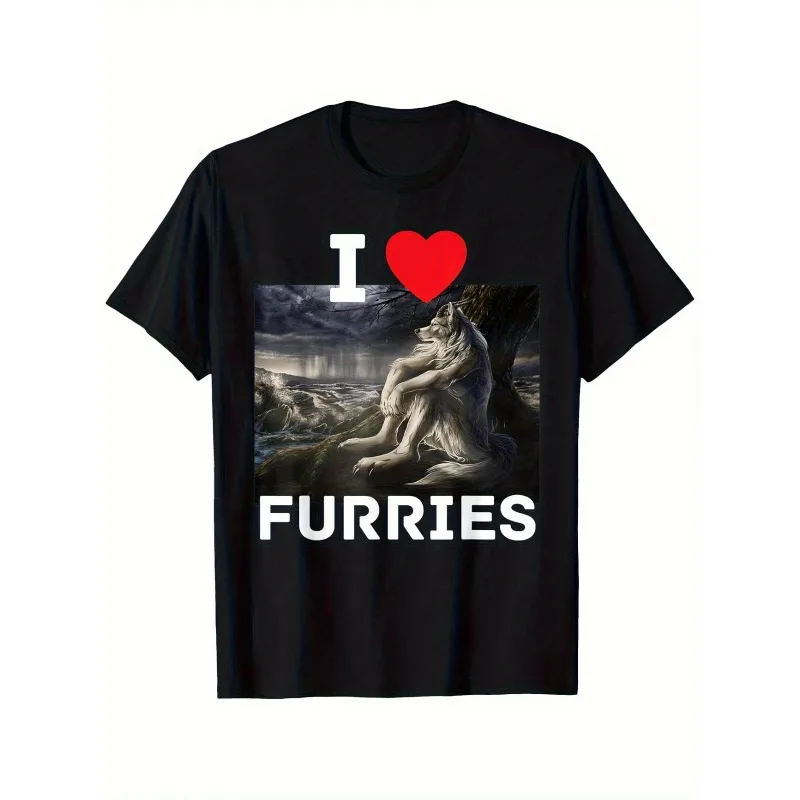 Funny I Heart Furries I Heart Werewolfs Meme Men's T Shirt Women Cotton Oversized Casual Tee Summer Spring Novelty Loose Top