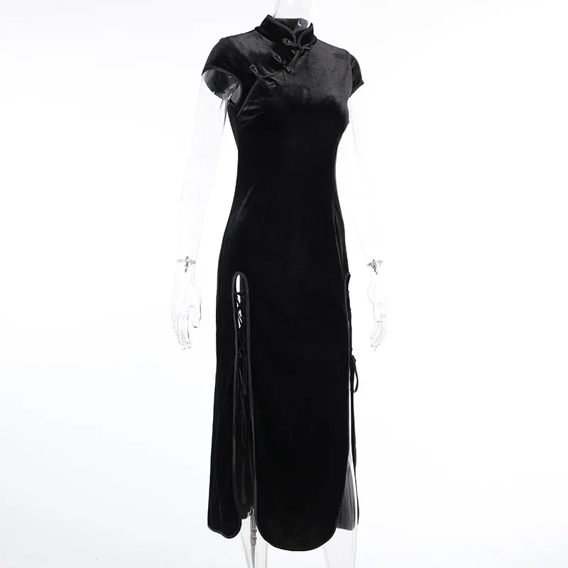 Vintage schwarze Bandage chinesischen Stil Cheong sam High Split Samt Kleid Frühling Retro lange Qipao Gothic Frauen ästhetische Kleid