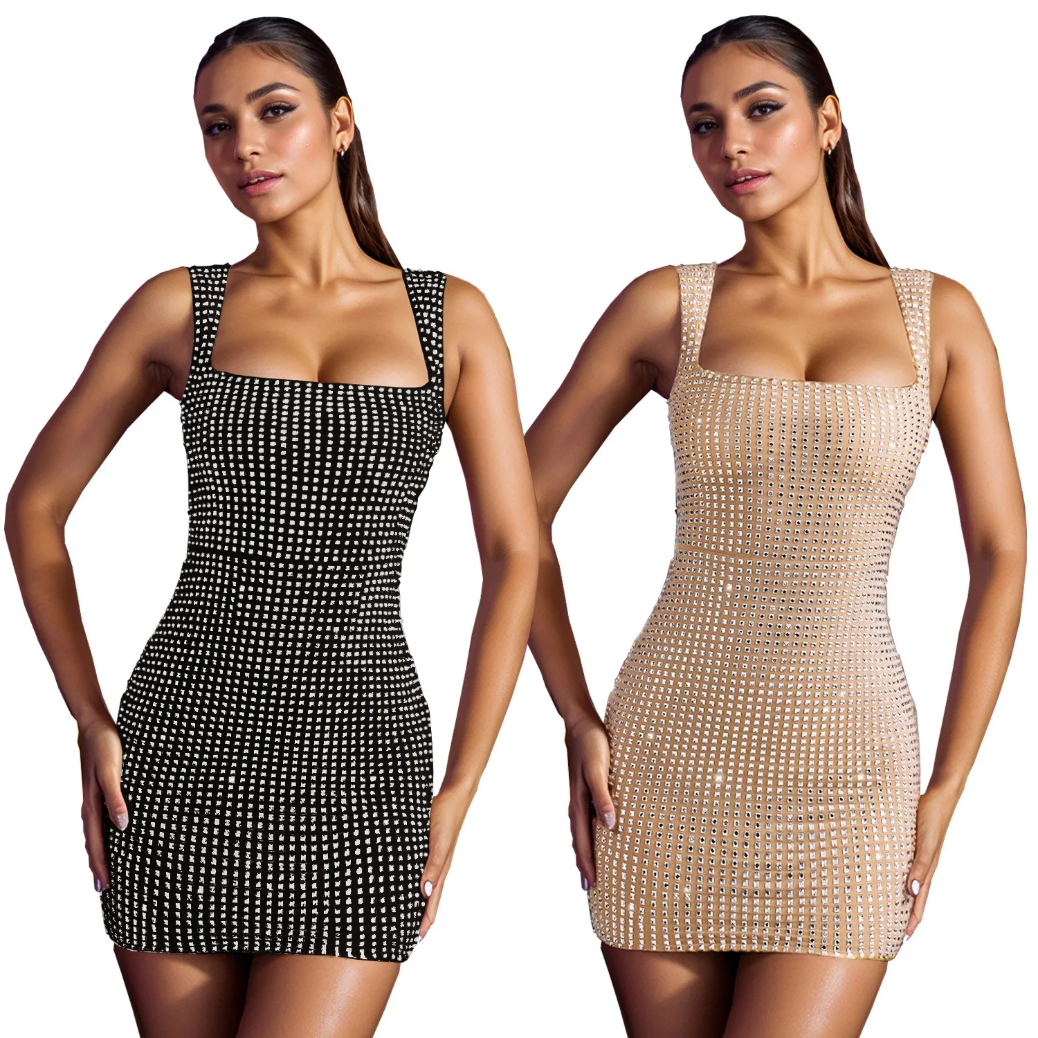 

Sexy Nightclub Party Prom Club Banquet Solid Color Hot Rhinestone Halter Sexy Slim Dresses