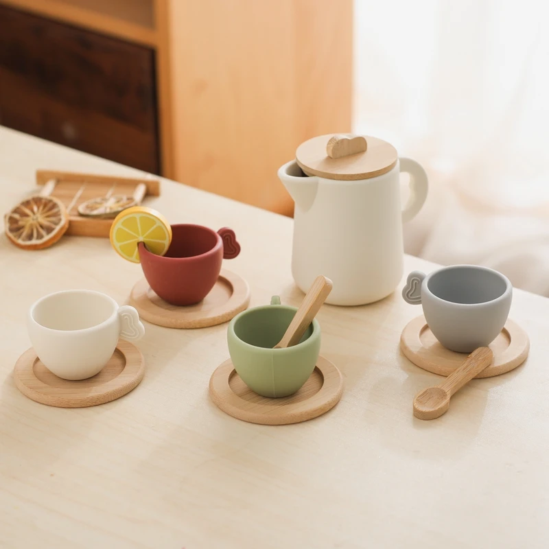 Montessori Toy Baby Wooden Toys Playing House Afternoon Tea Set Silicone Cup Wooden Cup Plate Tray Model Puzzle Toys For Baby