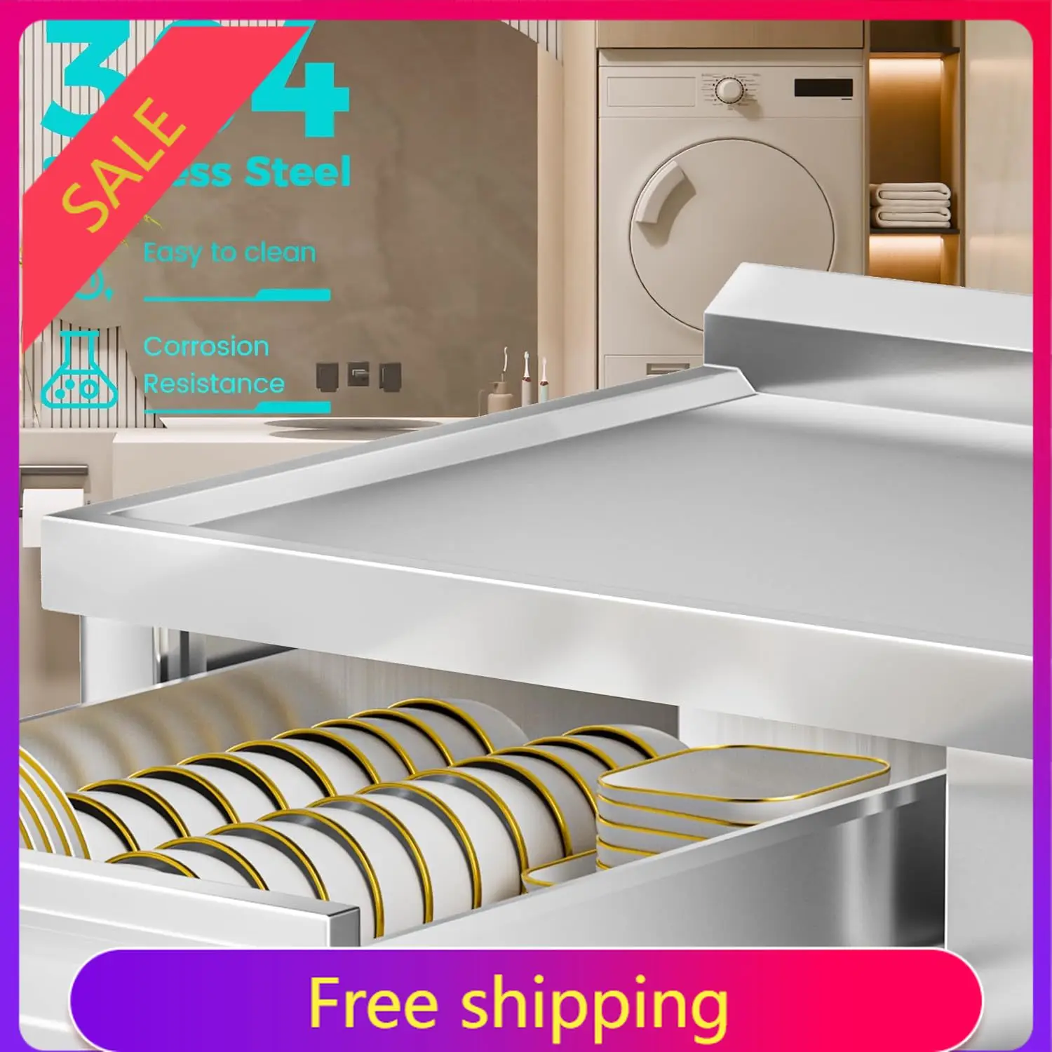 

47-дюймовая мойка из нержавеющей стали 304, отдельностоящая коммерческая мойка с рабочей поверхностью, выдвижными ящиками для хранения и трубами для горячей/холодной воды для прачечной, F