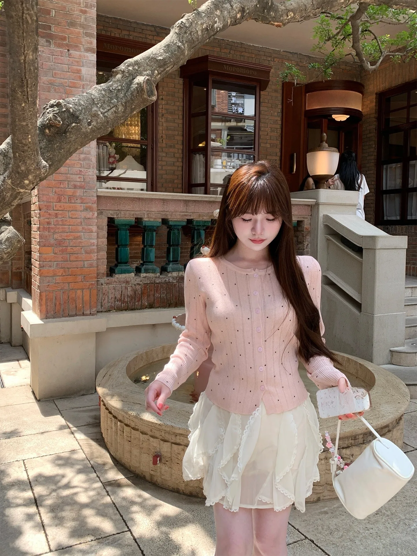 

Kkwne Vintage Light Pink round Neck Soft Knitted Slim Short Sleeve Long Sleeve Polka Dot Women's Cardigan French Style Spring