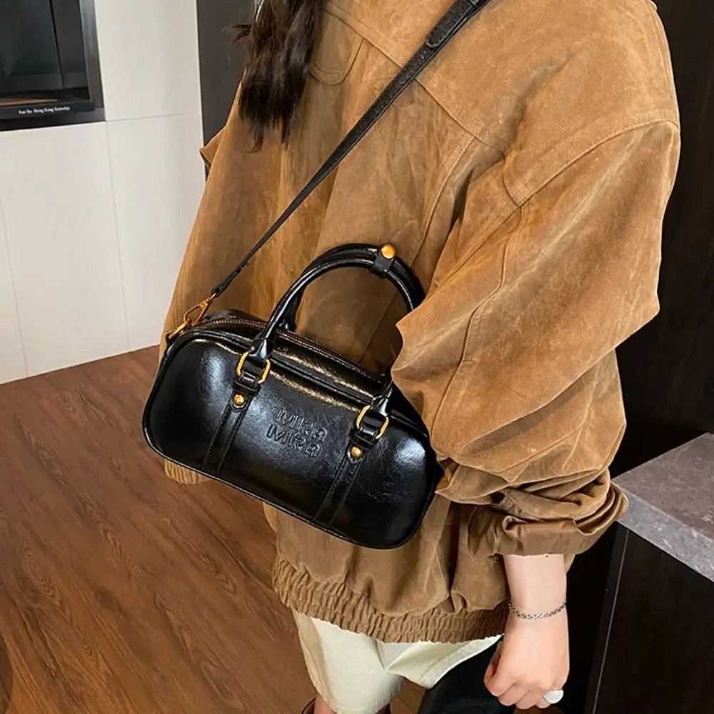 Elegant PU Leather Bowling Bag Handbag Solid Color PU Boston Bag Large Capacity Korean Style Square Shoulder Bag Shopping