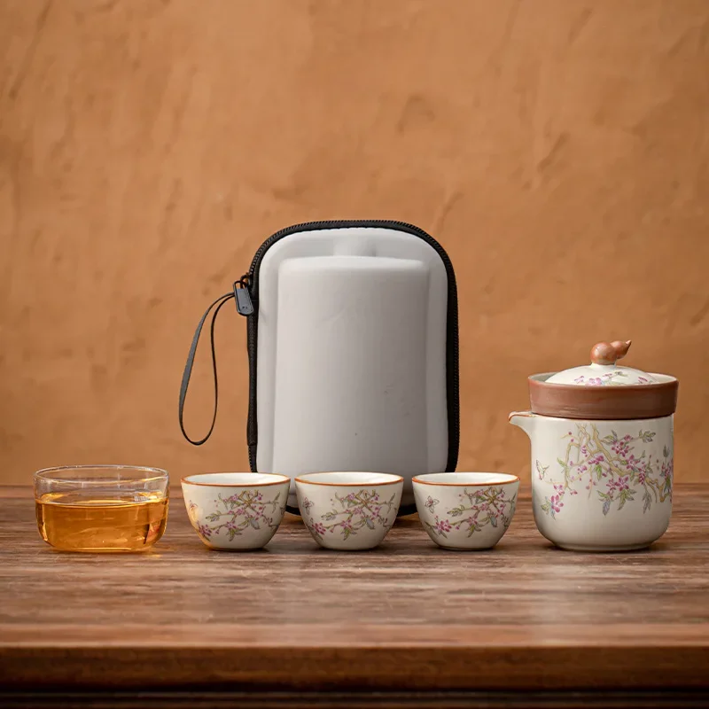 Handmade Portable Travel Tea Set One Pot Four Cups Light Luxury Outdoor Camping Ceramic Fast Customer Cup Business Gift Tea Cup