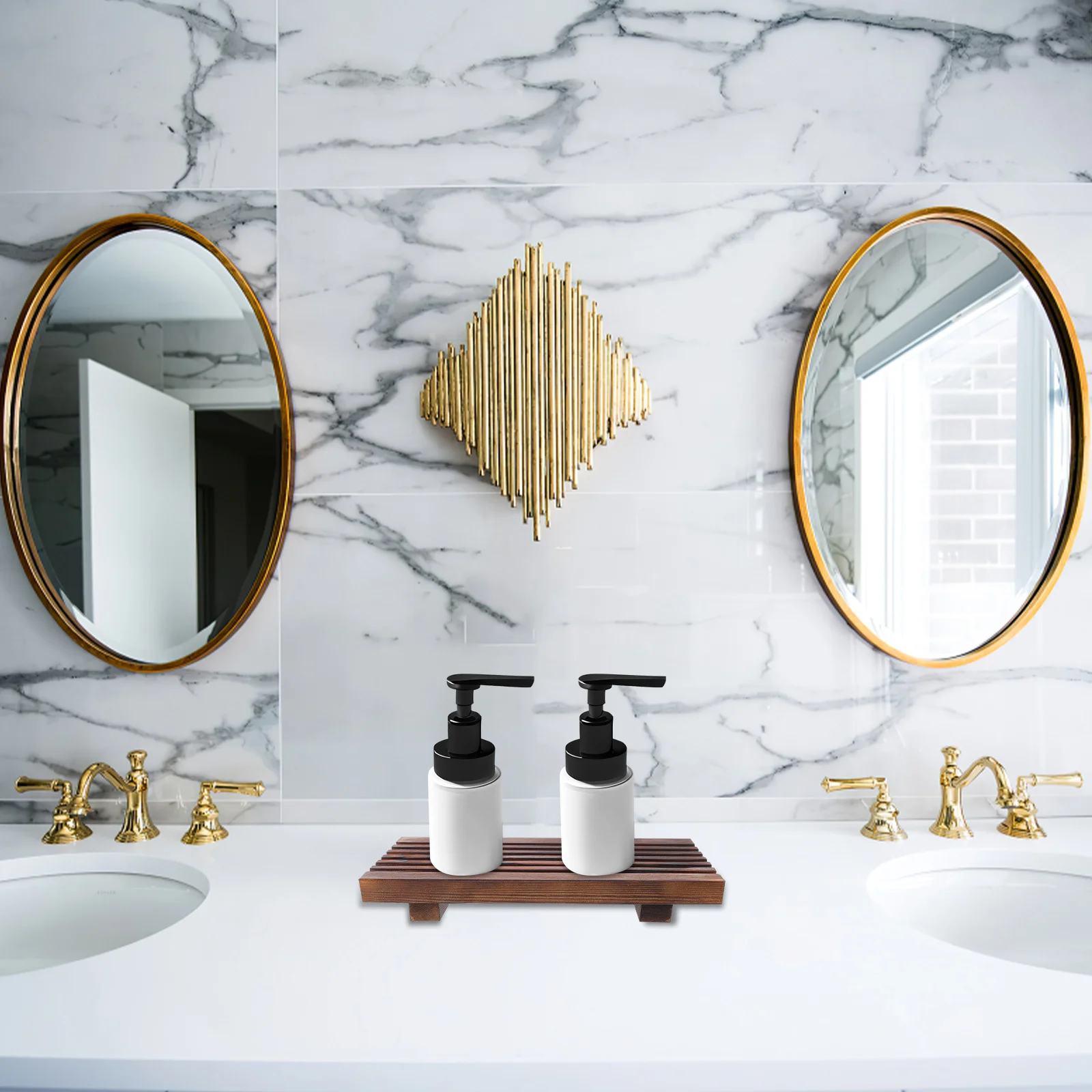 

Farmhouse Bathroom Wooden Counter Tray Rustic Wood Vanity Tray Soap Dispenser Stand Small Bathroom Organizer Wood Display Stand