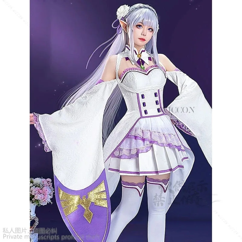DY20Anime Re Zero Kara Hajimeru Isekai Seikatsu Emilia Cosplay Costumes Women Dress With Headdress For Halloween Party Lolita Co