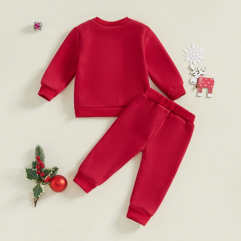 Kids Christmas Pajamas Set Elk Embroidery Long Sleeve Crew Neck Top with Elastic Waist Pants 2Pcs Outfit for Toddler Girl Boy