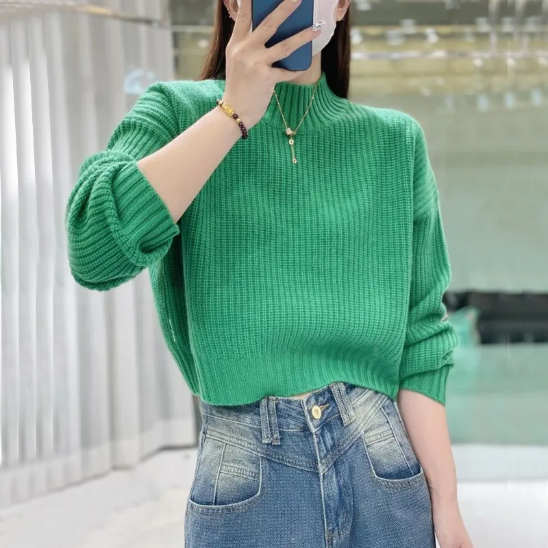 Women\'s Cashmere Sweater, Short Fashion, Knitting, Long-Sleeved, Semi-High Collar, 100% Pure Wool, Spring, Hot