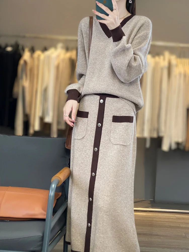 

Two-piece Set Women100%Merino Wool Pullover Splicing Color Knit V-collar Sweater Autumn Winter Clothing Warm Skin Friendly Skirt