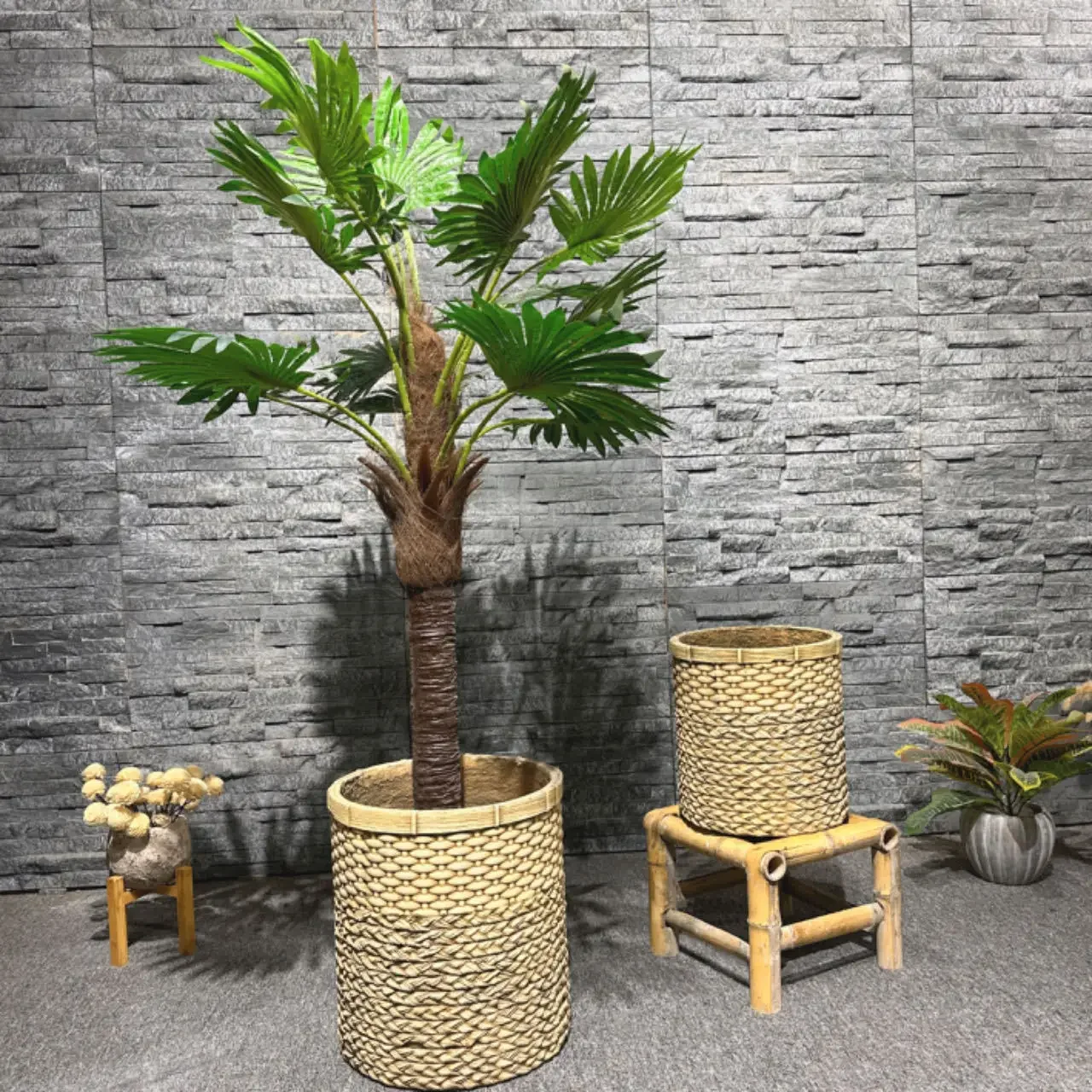 Cement flowerpot bamboo weaving home decoration office pastoral art indoor green plants landing handmade flowers