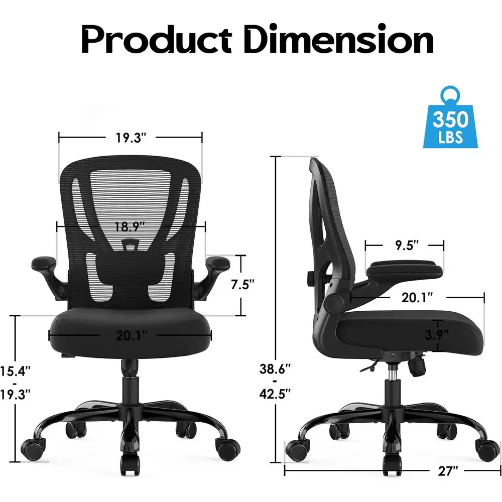كرسي مكتب شبكي مريح مع دعم قطني قابل للتعديل ومساند للذراعين قابلة للطي للمنزل ومكاتب العمل - أسود