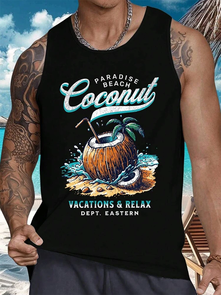 

Hawaiian Beach Vacation Men's Tank Top Funny 3D Coconut Tree Print Man Sleeveless Shirt Summer Comfortable Breathable Loose Vest