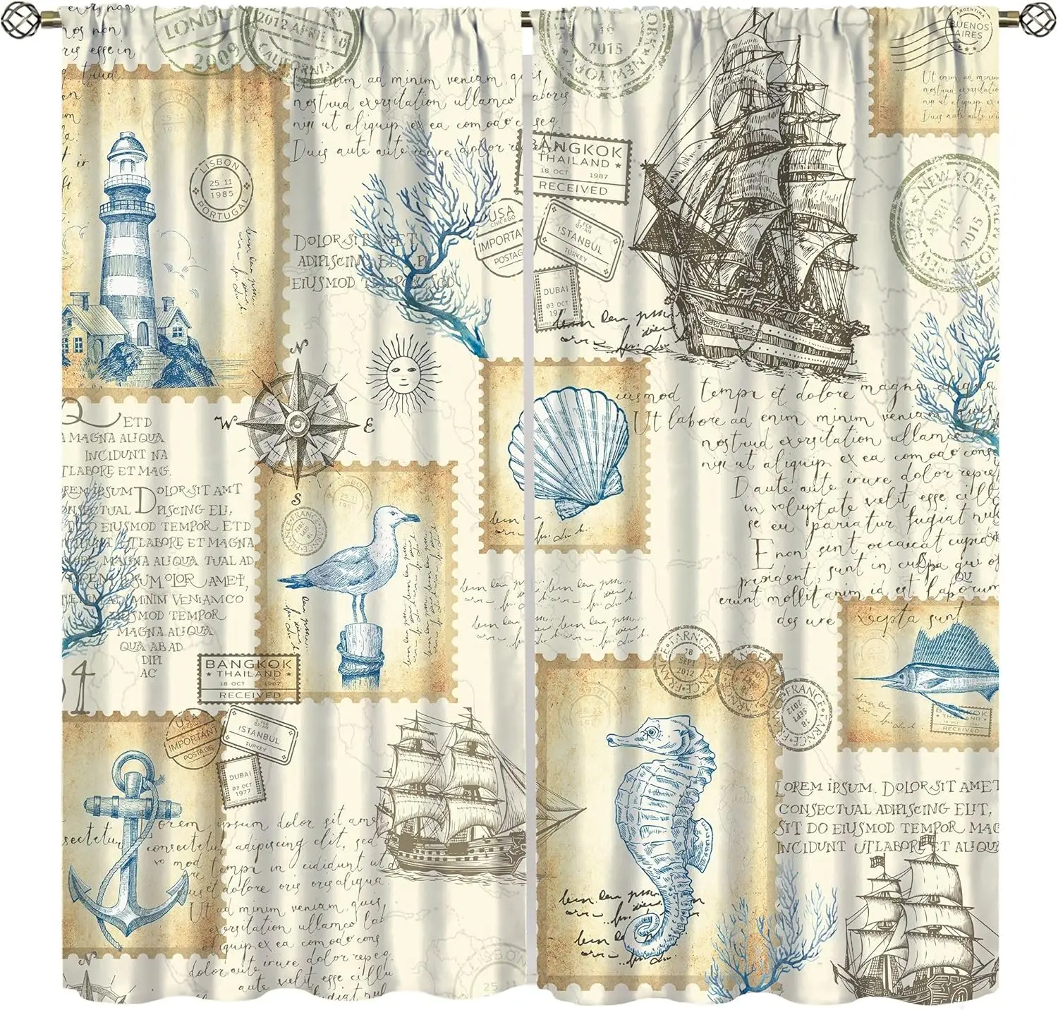 Vintage Nautical Curtains for Bedroom, Cartoon Hand-Painted Boat Anchor Marine Animal Sailboat Seagull Harbor Compass Window