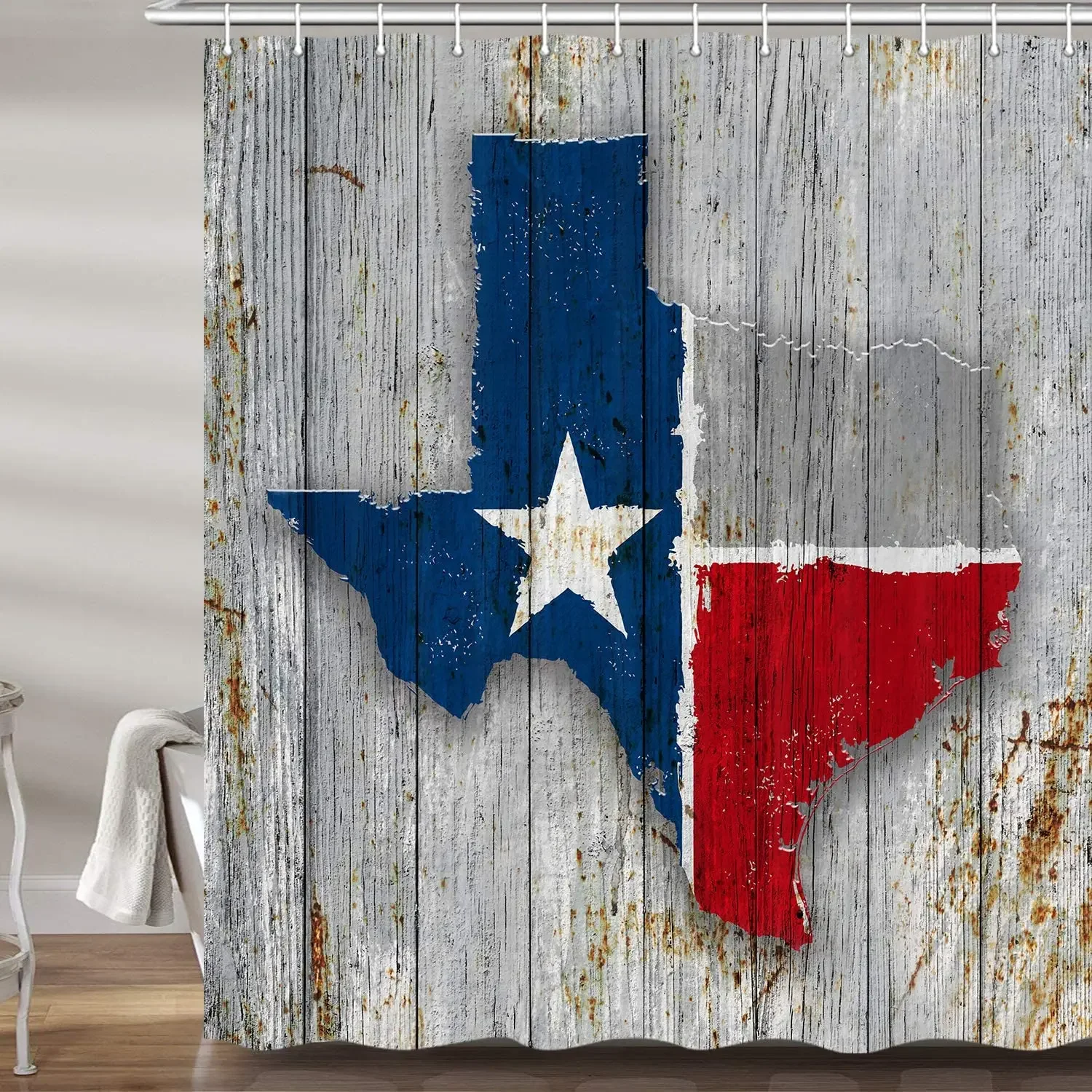 Map Texas Flag on Rusty Rustic Wooden Board American Southwestern Profession Polyester Fabric Bath Accessories Curtains