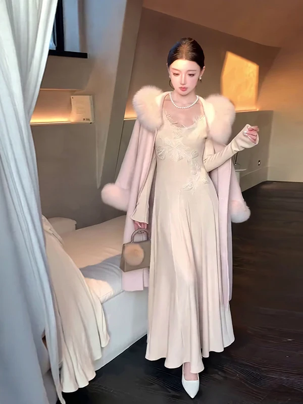 

Элегантное длинное платье для осени и зимы с кружевными вставками и вырезами, утепленное, для офиса, из новой зимней коллекции