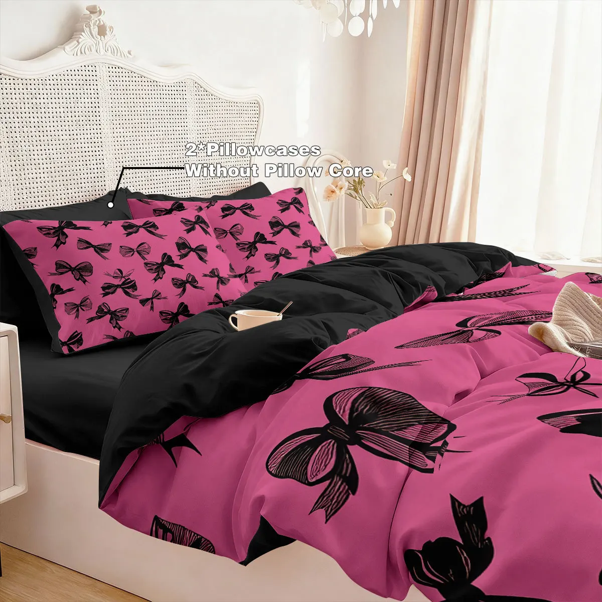Black Pink Bows Bedding Set 3D Printed Soft Duvet Cover for Bedroom Dormitory Decor, 1 Duvet Cover and 2pillowcase with Zipper