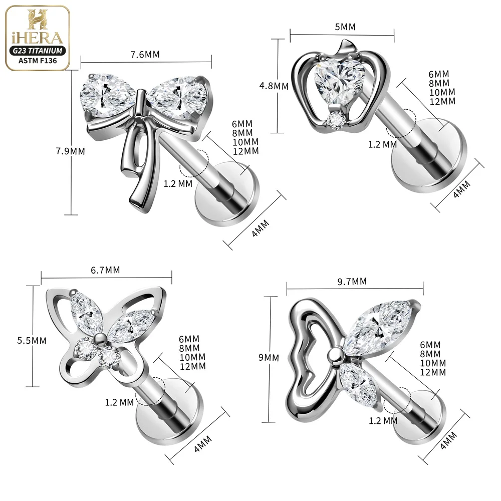 F136 Titan-Piercing-Set mit glitzernden Fächer-, Herz-, Kronen-, Libellen-, Schleifen- und Blumen-Ohrringen mit flacher Rückseite für Knorpel, Helix, Tragus, Conch und Lippe – Detail 1
