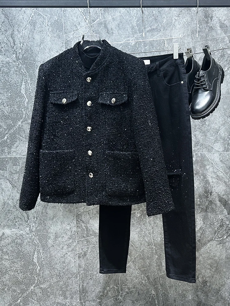 

Autumn Winter Tweed ort Jaet Men's Faion Korean Sle oulder Pad Design Sensation Quilted Coat Youth ular Outerwear