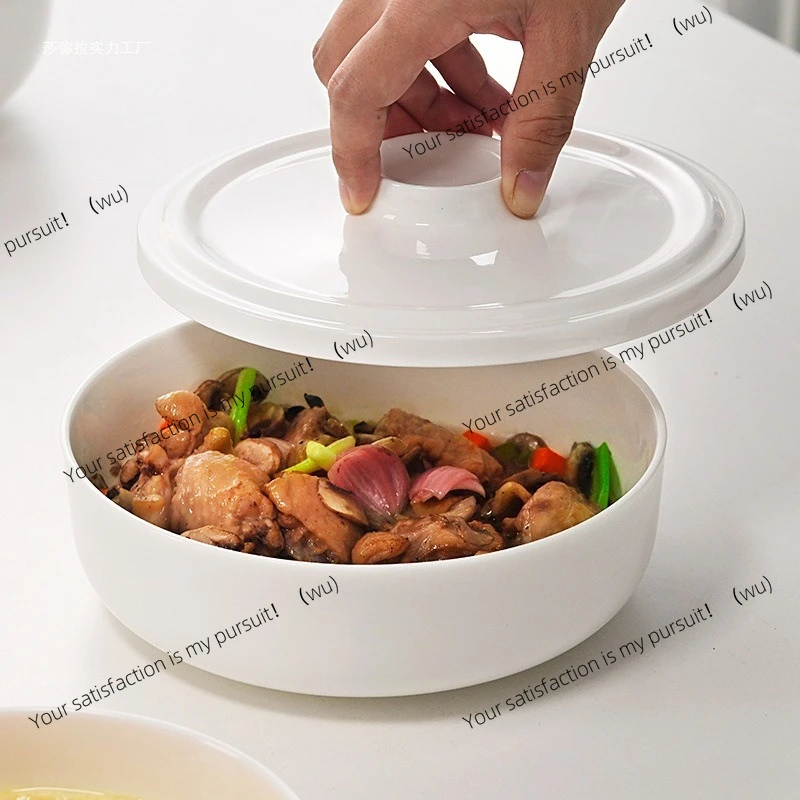 ZOCI-Ceramic Steamer with Lid Steamer Plate Deepened Nest Pan Bone Porcelain White Deep Plate
