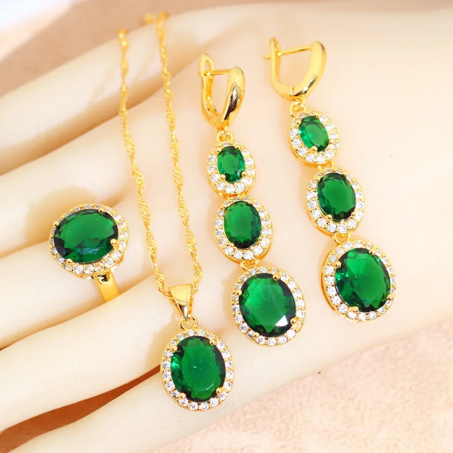 Bridal Jewelry Sets for Women Green Crystal 18K Gold Plated Earrings Necklace Pendant Ring Wedding Gift