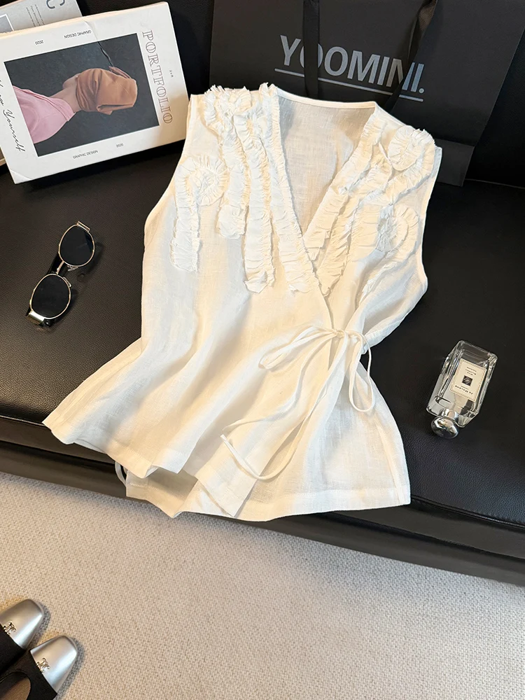 

New 3D flower fungus to collar V-neck tie waist vest shirt