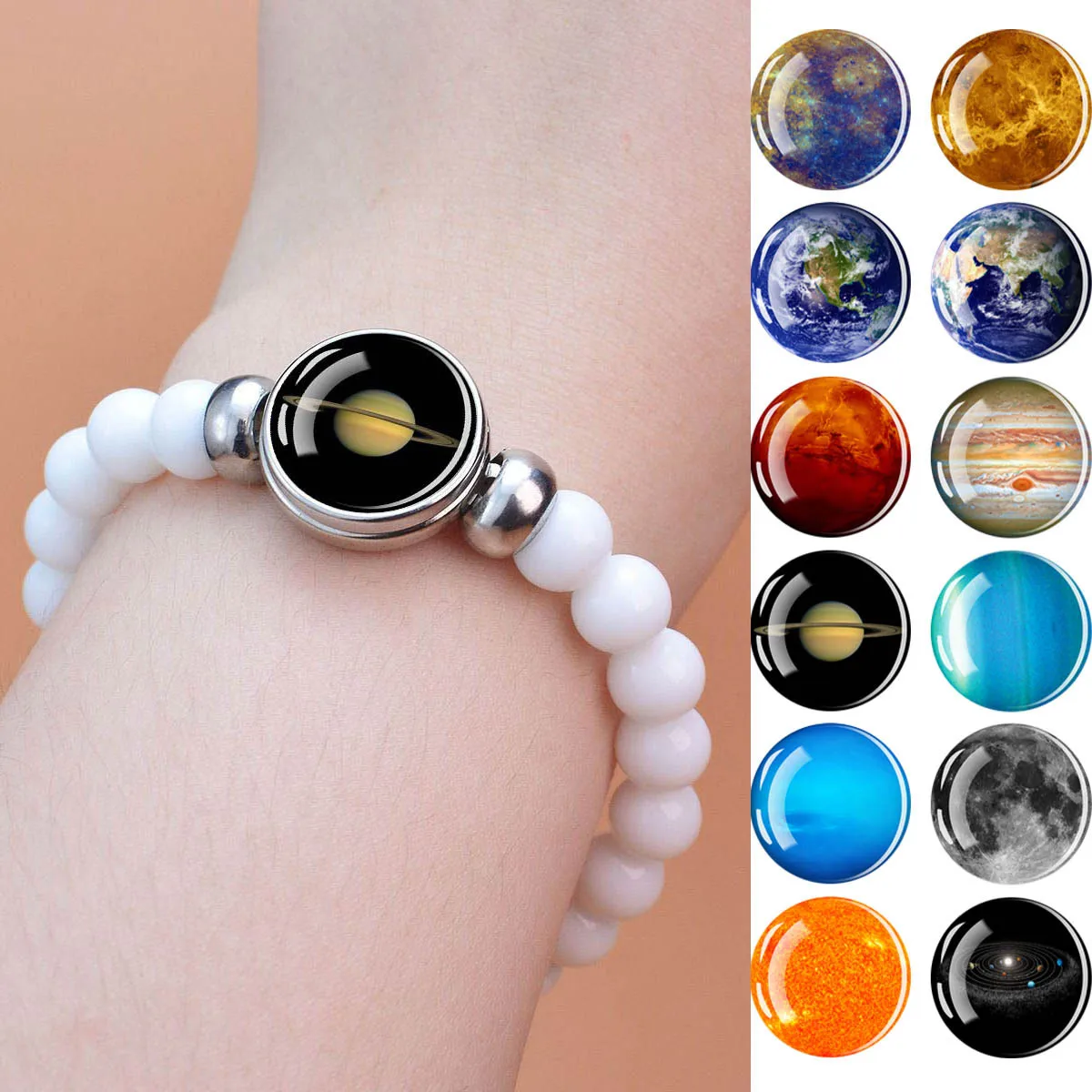 1pc Solar System Theme Planet Pattern Glass Dome White Bead Bracelet Fashionable Exquisite Buckle Jewelry Bracelet Gift