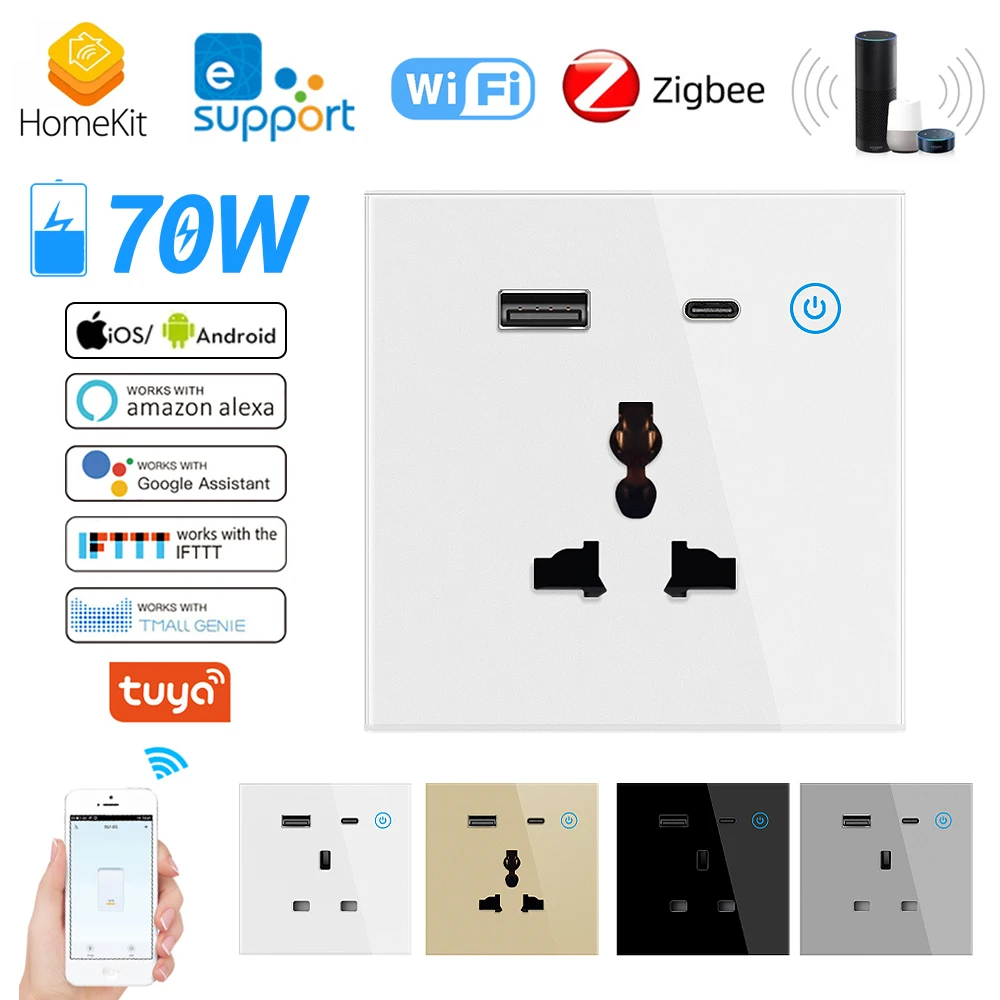 STLF Tuya Smart Wifi/zigbee Univercail Socket Caricatore rapido da 70 W con presa a muro intelligente standard USB Type C UE/USA/UK