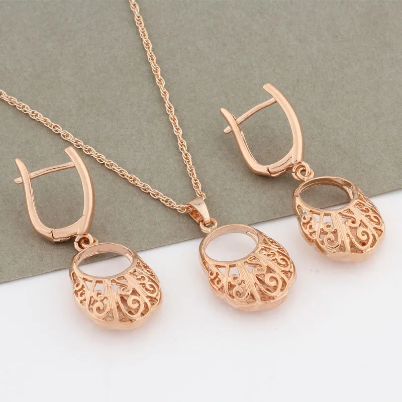 Vintage 585 Rose Gold Color Jewelry Sets For Women Earrings And Pendant Set Hollow Luxury Quality Jewelry