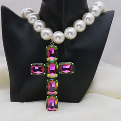 Fashionable and exaggerated large glass cross necklace pendant, luxurious Christmas gift jewelry