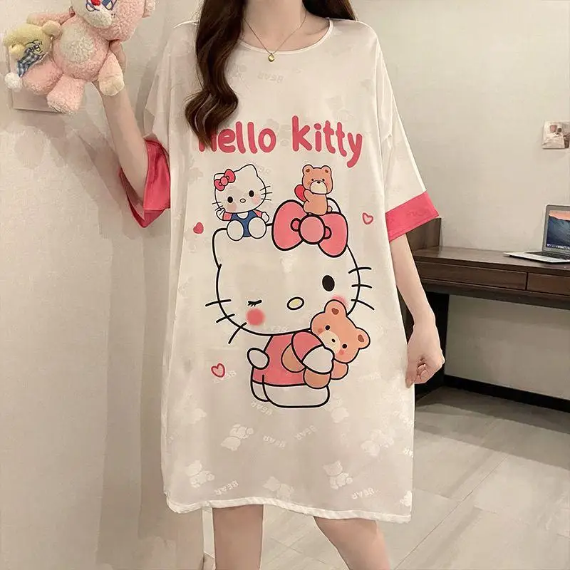 

New Sanrio Hello Kitty Cartoon Cute Ice Silk Nightgown for Summer Students Cool and Loose Suitable for Wearing As Outerwear