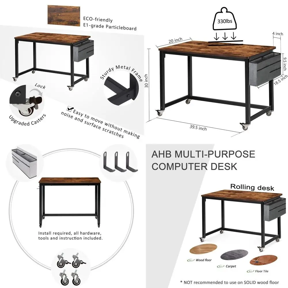 

Коричневый мобильный письменный стол 39 с 4 гладкими колесами, простой стильный стол для домашнего офиса и учебы, рабочая станция с металлическим каркасом