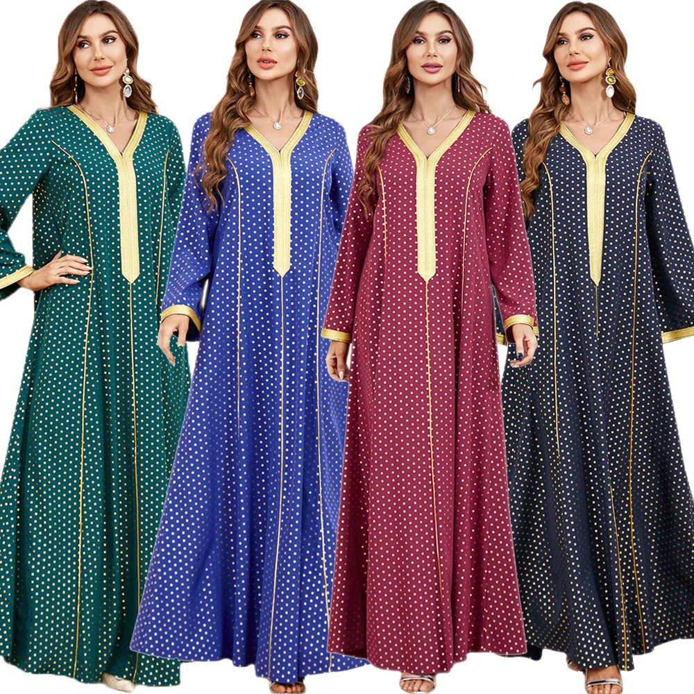 

Dresses For Women 2024 Tape Trim V-Neck Long Sleeve Maxi Dress Turkey Dubai Arabic Oman Moroccan Caftan Muslim Clothes Ramadan