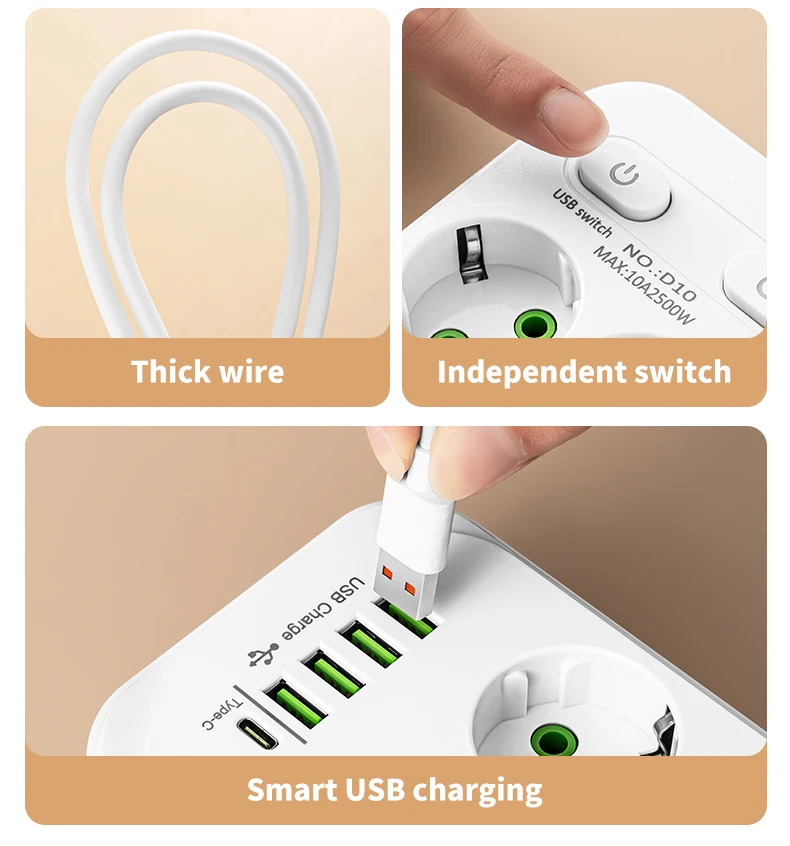 EU-Stecker Mehrfachsteckdose mit 2m Verlängerungskabel, Elektrische Steckdose mit Smart-USB, Überspannungsschutz und Netzwerkfilter für Zuhause und Büro – Detail 6