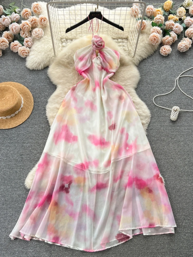 

Women Beach Long Dress Women Irregular Halo Dyeing Sexy Hollow Back Slim Party Dresses Ladies Hanging Neck Backless Long Robe