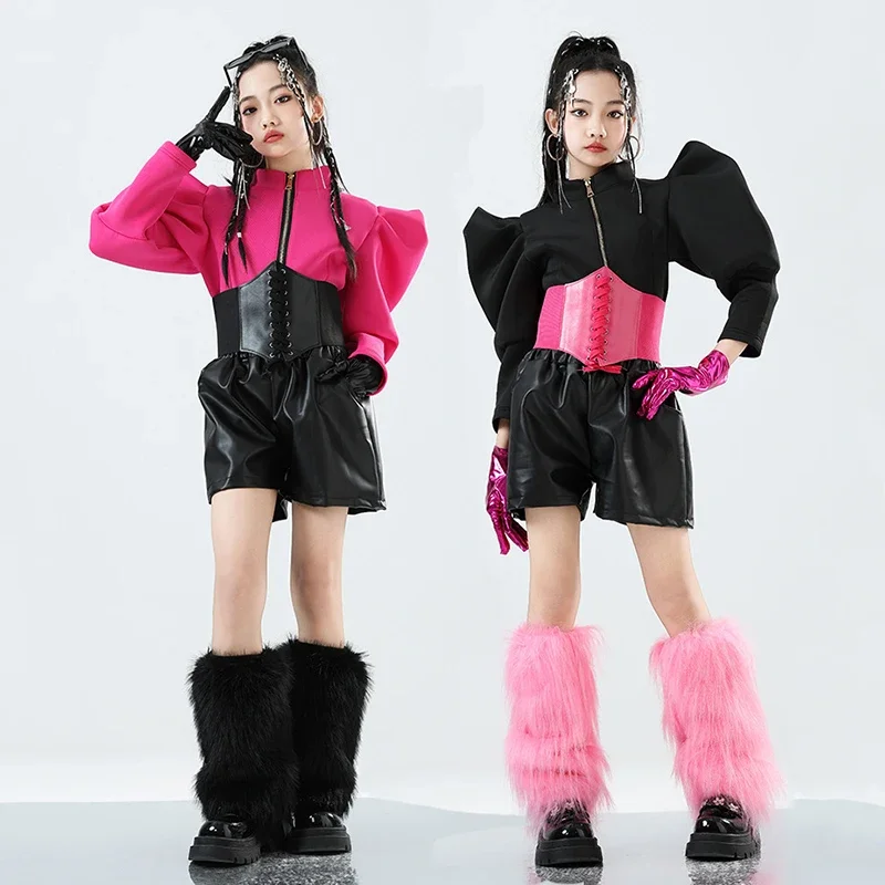 

Children Jazz Dance Costume Pink And Black Performance Wear Girl Kpop Stage Outfit Fashion Catwalk Model Show Clothing