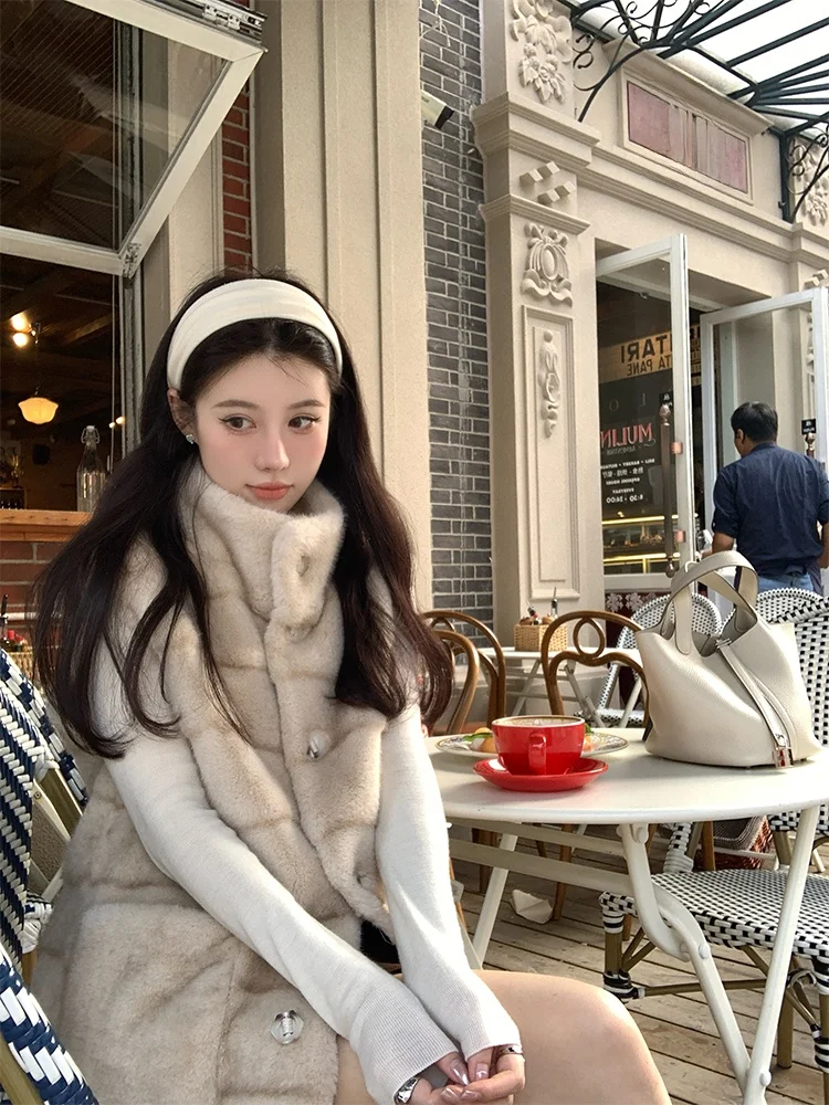 

Vasse Women's Soft Faux Fur Vest Coat Stand Collar Long Sve Warmth Environmental Protection Autumn Winter Outerwear Jaet