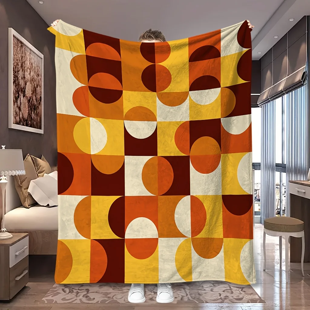 1pc Orange Brown Retro Geometric Square Print Flannel Blanket, All-season Usable and Soft, Suitable for Blankets, Kid Bed Covers
