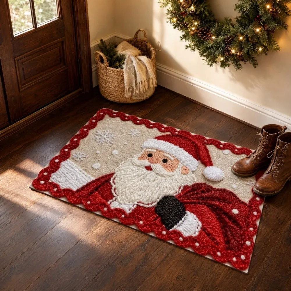 2D Flat Christmas Floor Mat Cartoon Weaving Texture New Year Anti Slip Mat Santa Claus Elk Blessing Words Welcome Door Mat