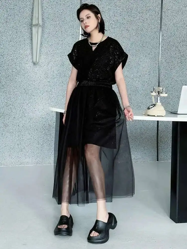 

Black Sequins Dress Mesh Skirt Two Pieces Suit New Round Neck Short Sleeve Women Fashion Tide Spring Summer